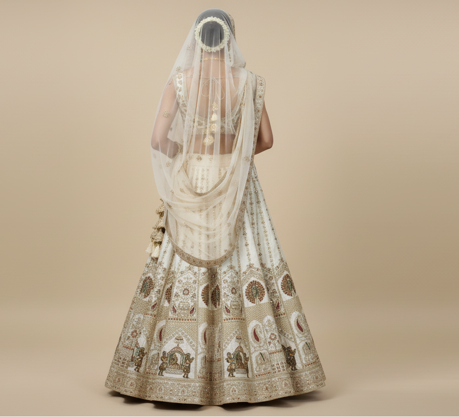 Cream Zardosi Raw Silk Semi-Stitched Lehenga