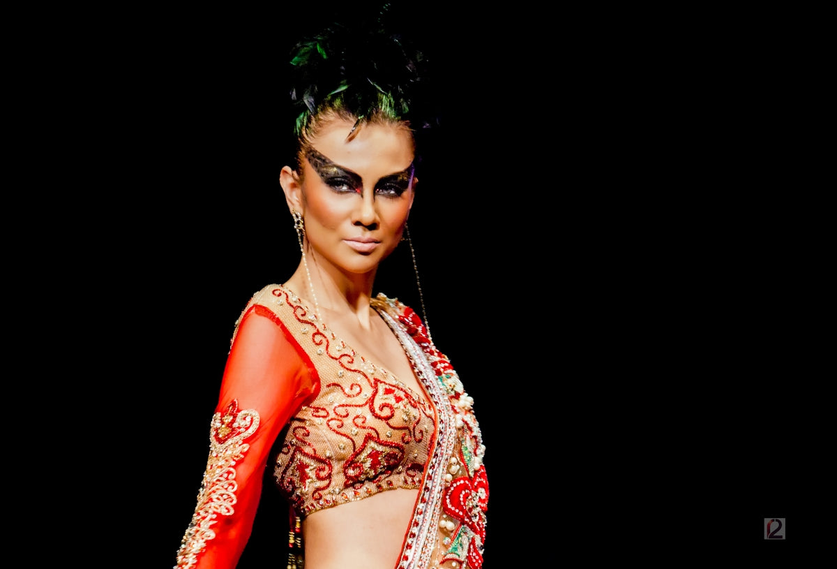Woman in ornate indian attire with dramatic makeup