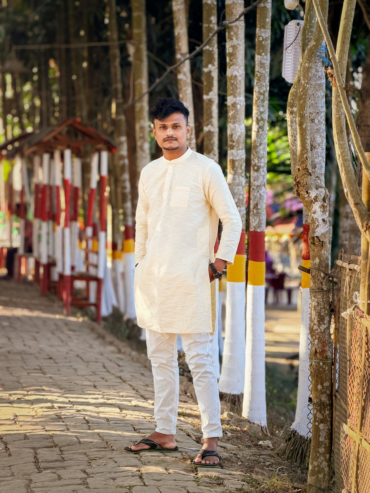 A man in a cream kurta stands among trees