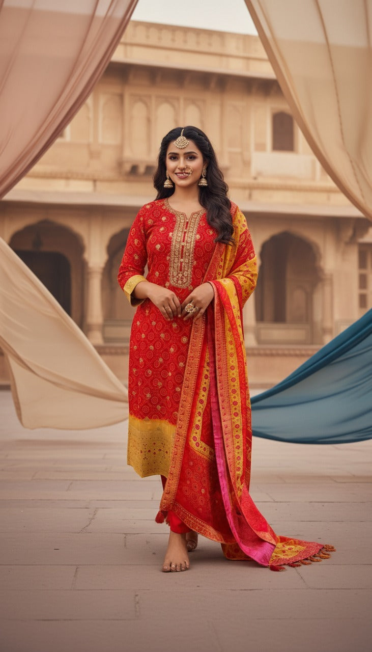 Bandhani German Crepe Silk Suit - Vibrant Red & Gold Ensemble