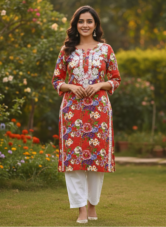 Rayon Printed Chikankari Kurti