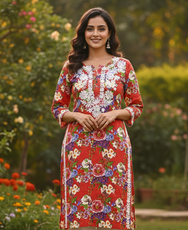Rayon Printed Chikankari Kurti