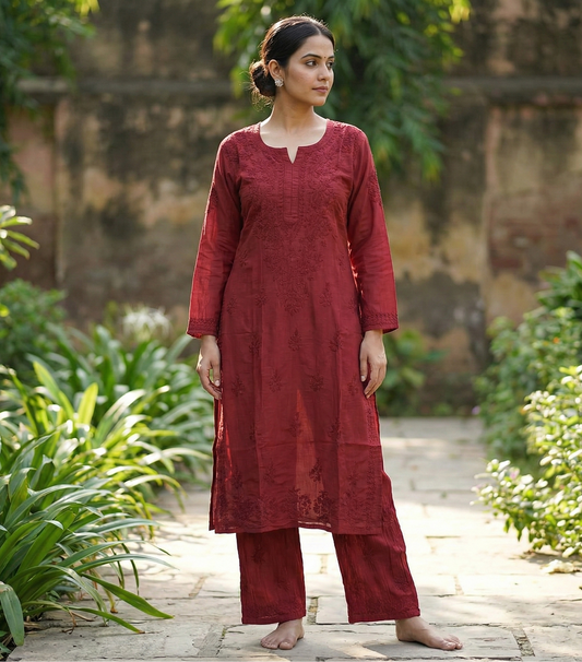 Chanderi Chikankari kurti set