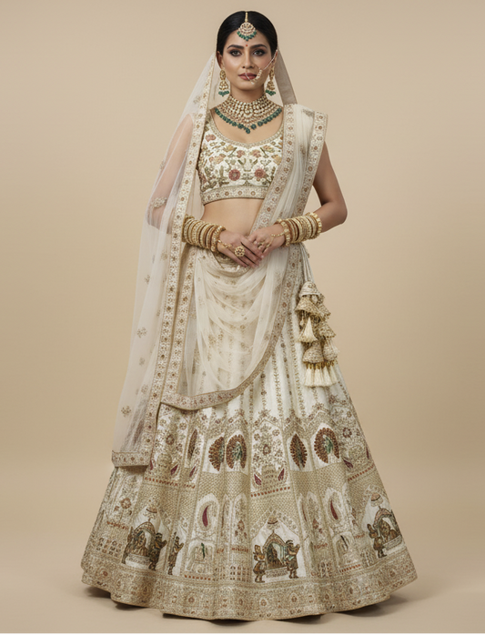Cream Zardosi Raw Silk Semi-Stitched Lehenga