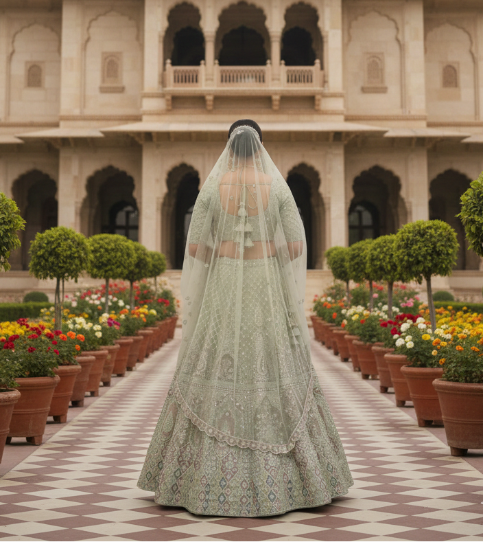 Mint Green Cording Net Bridal Lehenga