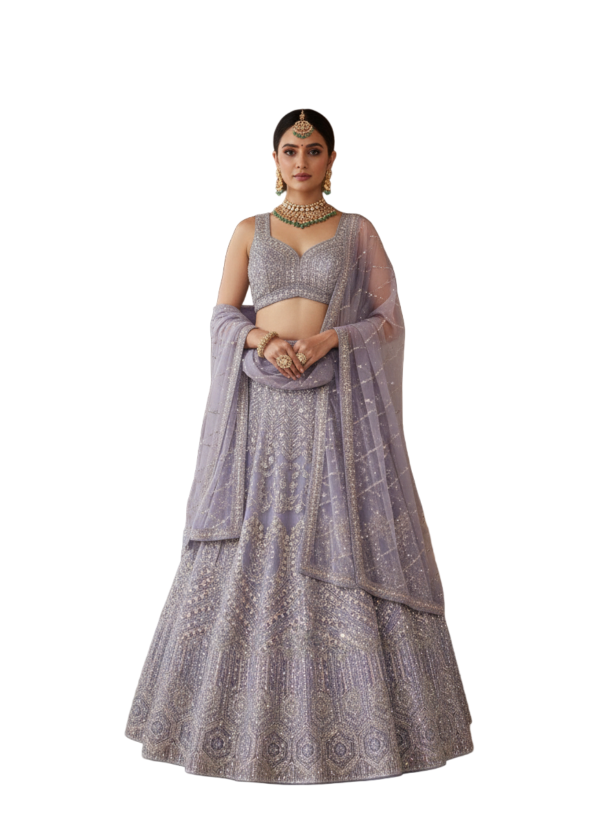 Lilac Cording Net Bridal Lehenga
