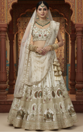 Cream Zardosi Raw Silk Semi-Stitched Lehenga