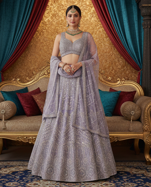 Lilac Cording Net Bridal Lehenga