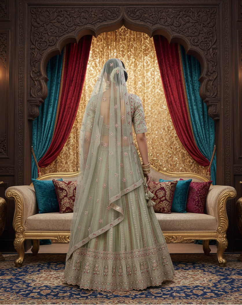 Pista Green Zari Bridal Lehenga
