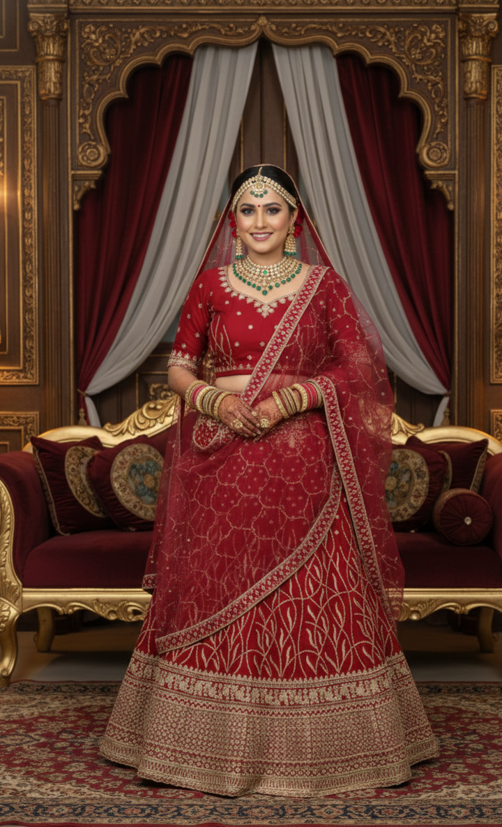 Dark Pink Velvet Bridal Lehenga