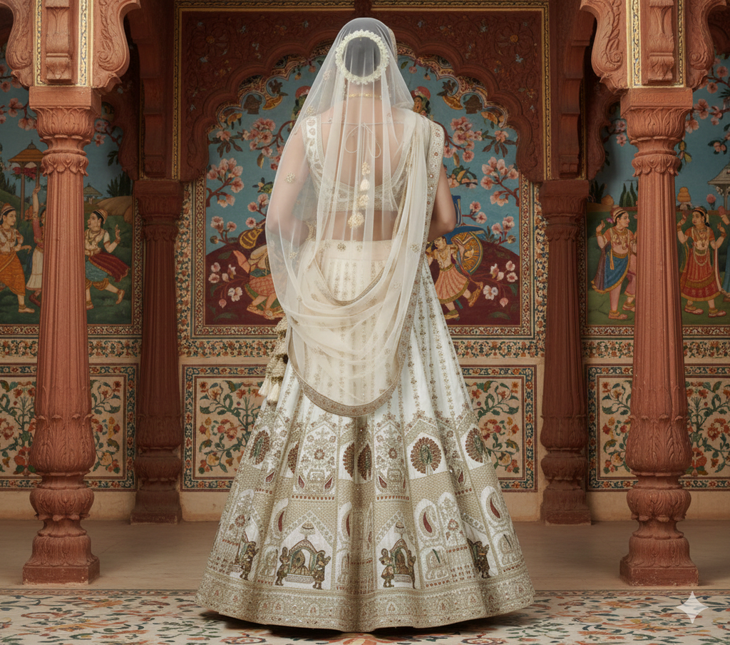 Cream Zardosi Raw Silk Semi-Stitched Lehenga