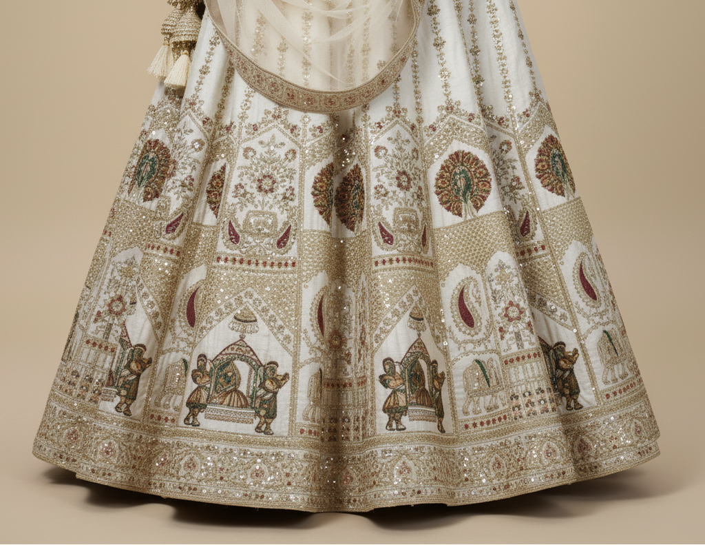 Cream Zardosi Raw Silk Semi-Stitched Lehenga