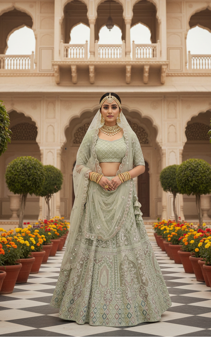 Mint Green Cording Net Bridal Lehenga