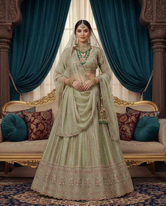 Pista Green Zari Bridal Lehenga