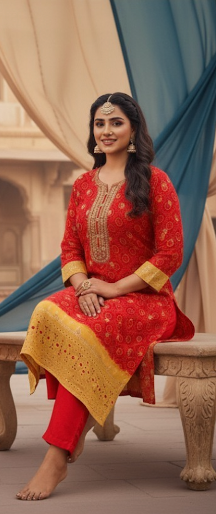 Bandhani German Crepe Silk Suit - Vibrant Red & Gold Ensemble